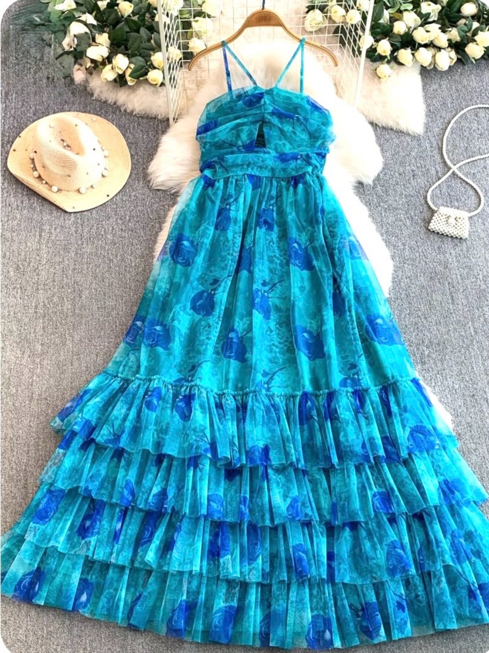 Blue Floral Tiered Maxi Dress - , Summer Spaghetti Strap